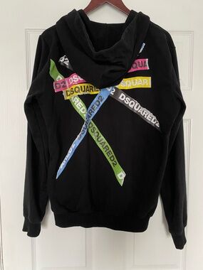 DSQUARED2 Black Zip-Up Hoodie Multicolour Tape Logo Size Large